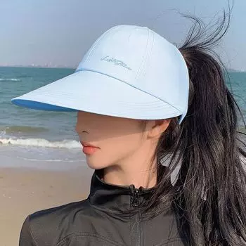 2025 Female Summer New Summer Quick-Drying Extra-Large Brim Air Top Sun-Covering Sun Protection Hat Ponytail Peaked Cap Blue All yards