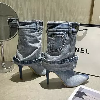 2025 foreign trade autumn and winter new pointed high-heeled fashion boots washed denim short tube pleated trousers high heels 35