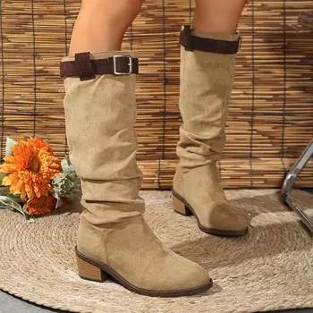 2025 foreign trade large size thick heel thin boots 2024 autumn and winter new belt buckle accessories long women s boots 36 чёрный