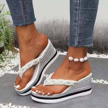 2025 foreign trade new solid color herringbone European and American style large size women s round head thick bottom slope heel cool slippers 36 белый