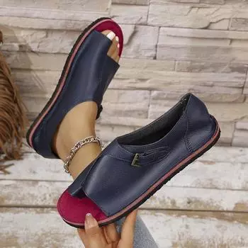 2025 foreign trade one-word buckle PU flat-bottomed open-toe toe plus-size women s shoes beach cover-toe sandals 35 зелёный