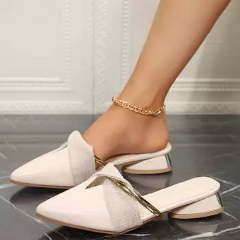 2025 foreign trade summer new European and American style pointed bag head women s large size fashion low heel rear air cool slippers 35 чёрный
