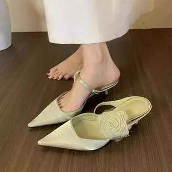 2025 foreign trade summer new solid color European and American style pointed bag head empty fashion women s large size high heeled slippers 35 зелёный
