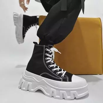 2025 Forest Style, повседневные женские туфли на толстой подошве из парусины с высоким берцем и закрытым носком 38 белый/чёрный