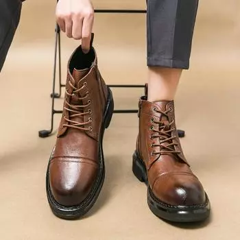 2025 Four Seasons High Top Versatile Retro Leather Shoes Big Head Men s Martin Boots Lace Up Lightweight Fashion Platform Casual Shoes 38 коричневый