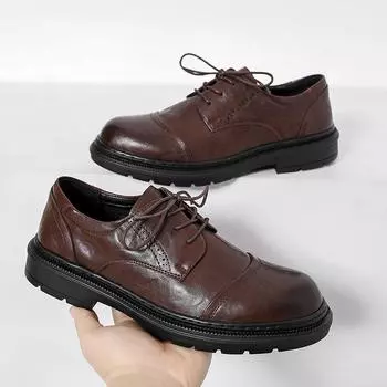 2025 Four Seasons Leather Shoes Men s Business Dress British Style Fashion Low Help Casual Lace-up Groom Wedding Trend Shoes 38 коричневый