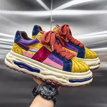2025 Four Seasons Niche Denim Splicing Leather Breathable Board Shoes Retro Hong Kong Style Tide Men s Douyin Live Board Shoes 39