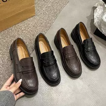 2025 Four Seasons One Pedal Love College Style British Style Small Leather Shoes Женская модная обувь на плоской подошве Single Shoes Новые простые 35 чёрный