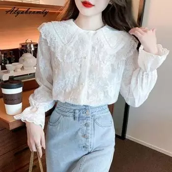 2025 Французский стиль Весна Осень Женская кружевная блузка с воротником Питер Пэн, отделкой бисером и цветочными оборками, элегантная женственная женская шикарная блузка S