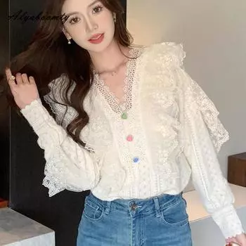 2025 Французский стиль Весна Осень Женская Принцесса Блузка V-образный вырез Кружевные оборки Рубашка с цветными пуговицами Элегантная женственная женская блузка S