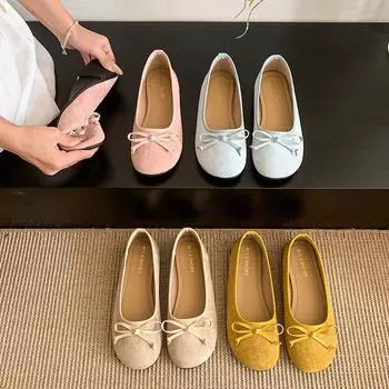 2025 French bow round head ballet shoes fairy shoes flat gentle evening shoes with skirt light mouth single shoes 35 абрикосовый