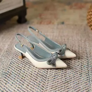 2025 French Elegant Bow High Heels Women s Plaid Embossed Thin Heel Pointed Light Mouth Single Shoes Sandals 34