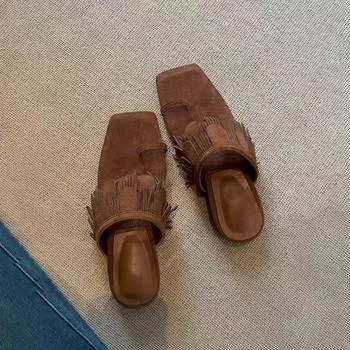 2025 Fringe Brown Flip Flops Slippers Square Heels Peep Toe Suede Genuine Leather Sandals Summer Women s Vocation Fashion Shoes 35