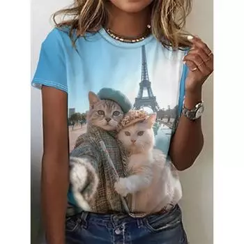 2025 Смешные женские футболки с животными 3D-принтом, милый мультяшный кот, повседневная футболка с коротким рукавом, модный топ с круглым вырезом, женская одежда S