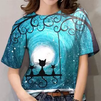2025 Футболка для женщин с принтом кота Kawaii, топы, летние свободные футболки, женская одежда, футболки с круглым вырезом, женская одежда, модная блузка XS