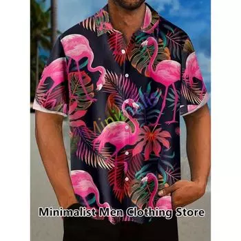 2025 Футболка с принтом листьев и фламинго для мужчин, гавайская повседневная пляжная рубашка с коротким рукавом, модные топы, мужская блузка, летняя одежда S