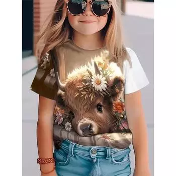 2025 Футболки для девочек с изображением животных, повседневная детская одежда, топы, футболки, модные детские футболки, футболка с принтом бабочек для девочек и малышей в формате 3D 100CM