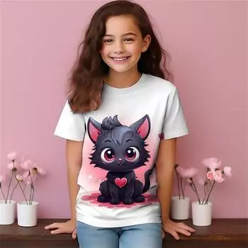 2025 Футболки с изображением животных и кошек для девочек, детская подарочная футболка, футболка для девочек с коротким рукавом, повседневная футболка, детская одежда 100cm