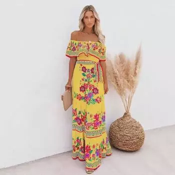 2025 г. Длинное платье-халат с цветочным принтом на одно плечо, весна/лето Extra Large синий/белый