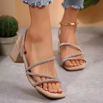 2025 г., летние новые женские туфли на высоком каблуке в европейском и американском стиле с одним словом, большого размера, с квадратной головкой, на толстом высоком каблуке 36 абрикосовый