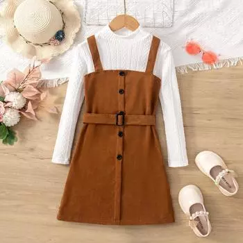 2025 г. Новая водолазка для девочек с узором из конопли, трикотажная футболка с длинными рукавами и вельветовое платье на подтяжках 9-10Y красный