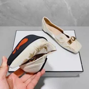 2025 г., новые китайские туфли на плоской подошве с вышитым цветочным рисунком, женские туфли в стиле ретро с квадратной металлической головкой, мягкая подошва, женские туфли Doudou 35 абрикосовый