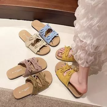 2025 г., ранняя весна, новая мода, сладкие банты на плоской подошве, повседневные тапочки в стиле феи 35 жёлтый