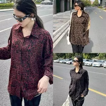 2025 г., женская рубашка с длинным рукавом и леопардовым принтом, большие размеры, весна-лето, новая повседневная офисная блузка, жакет с лацканами, свободное простое пальто, женская одежда 3137 M красный