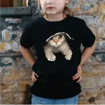 2025 Girl Clothes 3D Print Cute Cat Crew Neck Short Sleeves Graphic Summer Streetwear Fashions Children 110