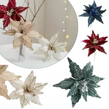 2025 год Блестящий рождественский цветок пуансеттии 28 см Золотой шампанское Имитация цветка Рождественская елка Украшение для семейной вазы Декор