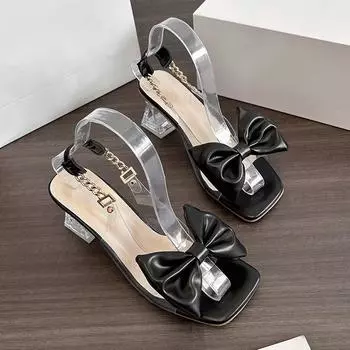 2025 год, европейская и американская обувь с одним символом на толстом каблуке, женская обувь на высоком каблуке, партия модных босоножек большого размера с бантом для внешней торговли 35 чёрный