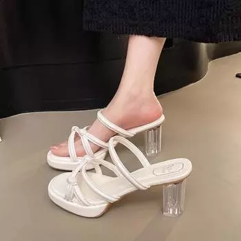 2025 год, летняя обувь для внешней торговли, новые европейские и американские стильные однотонные женские тапочки большого размера с толстым каблуком и квадратной головкой 35 серебряный