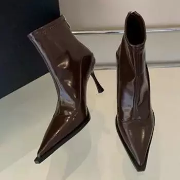 2025 Горячая Распродажа Туфли для женщин Молния Женские Сапоги Осенние Острый Носок Твердые Короткие Ботинки На Высоком Каблуке Модные Ботинки В Корейском Стиле 35 коричневый