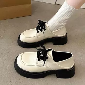 2025 Горячая Распродажа Женская Обувь Женские Туфли На Шнуровке Осенние Туфли Мэри Джейн С Круглым Носком На Платформе Водонепроницаемые Туфли На Массивном Каблуке 35 бежевый