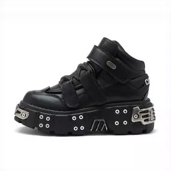 2025 Gothic dark punk style muffin sole leather metal high-top shoes men and women with the same platform single shoes 6cm 35