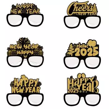2025 Happy New Year Party Glasses Black and Golden Paper Eyewear Photo Props for New Year Eve Festive Celebration Accessories 12pcs