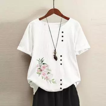 2025 Хлопковая женская одежда с ретро-принтом Повседневная свободная футболка из хлопка и льна с короткими рукавами Женская одежда Большой размер S красный