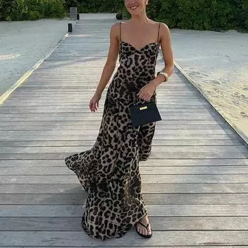 2025 Элегантное плиссированное платье с V-образным вырезом на подтяжках, модное длинное платье с леопардовым принтом и высокой талией, повседневные вечерние платья без рукавов XS