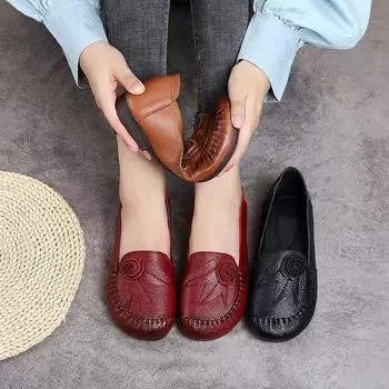 2025 Этнический стиль ручной работы из натуральной кожи с мягкой подошвой для женщин среднего возраста 39 жёлтый