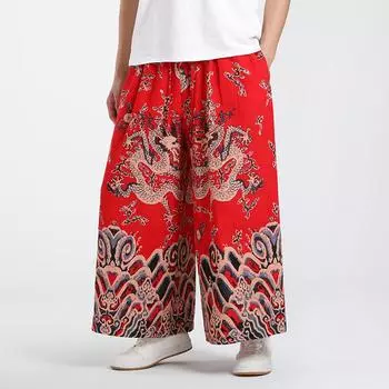 2025 Китайский стиль Мужские широкие расклешенные брюки Мужские повседневные брюки Харадзюку Брюки кунг-фу Традиционные брюки ханьфу Мужские повседневные брюки 4XL темно-синий