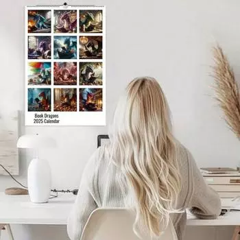 2025 Книга Дракон Календарь Забавный Дракон Чтение Книга Ежемесячный Планировщик Настенный Календарь Домашний Офис Подвесной Ежемесячный Календарь Dragon