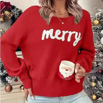 2025 Knitted Women Sweater Loose Pullover Female Jumper Elegant Winter Warm Spring New Year Trendy Christmas Sweater S красный