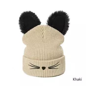 2025 Knitted Womens Cat Ears Imitation Mink Hat Skullies Fur Pom-pom Hat Female Hat Cute Hat хаки