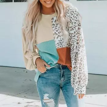 2025 Контрастный цвет леопардовый принт трикотажная футболка с длинным рукавом женская осень зима плюс размер новый длинный рукав топ женская свободная повседневная одежда 2476 S абрикосовый