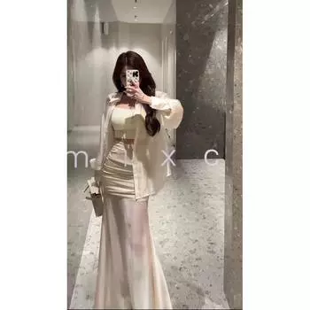 2025 Korean Style Gentle Mesh Patchwork Pleating High Waist Sheath Skirt Women s Elegant Texture Fog Yarn Mermaid Dress Suspenders M