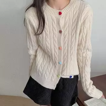 2025 Korean version autumn new solid color round neck knitted cardigan colored love buckle soft waxy loose sweater women s top one size fits all