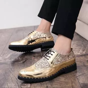 2025 Korean version trend fashion personality casual fashion leather shoes sequined British lace-up business versatile wedding men s shoes 38 чёрный