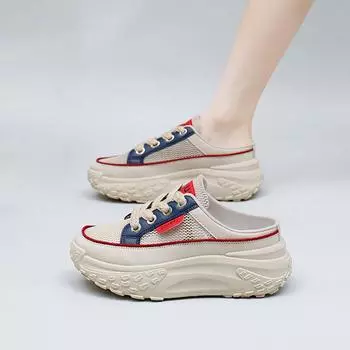 2025 корейская версия лето новые полуподнос белые туфли женские дышащие студенческие увеличивающие рост повседневные туфли женские уличные снимки XW031 35 хаки