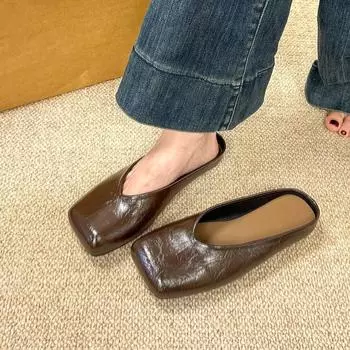 2025 корейская версия новых простых квадратных головок с одной педалью, одиночные туфли на плоской подошве, туфли-мешки с мягкой подошвой, женские полутапочки 35 коричневый