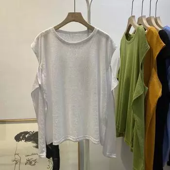 2025 Корейская женская футболка с длинным рукавом и открытыми рукавами на осень 2X Large
